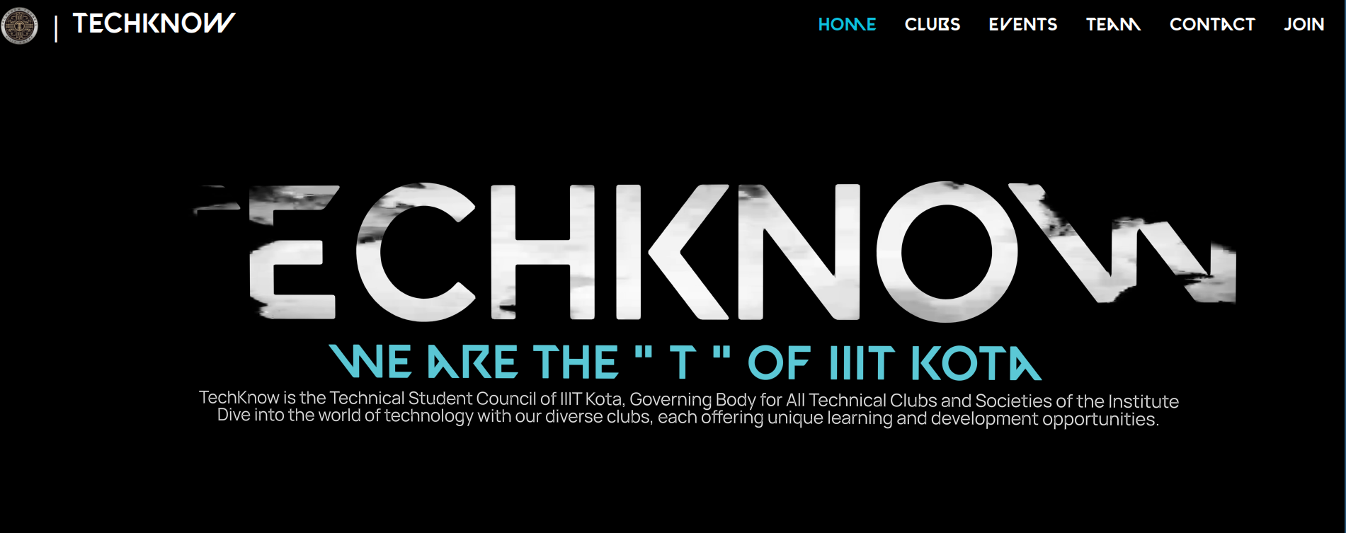 TechKnow Council homepage featuring its animated wordmark and introduction to IIIT Kota’s technical council